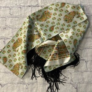 PAISLEY GREEN AND ORANGE PATTERN WITH BLACK FRINGE SILKY OBLONG SCARF